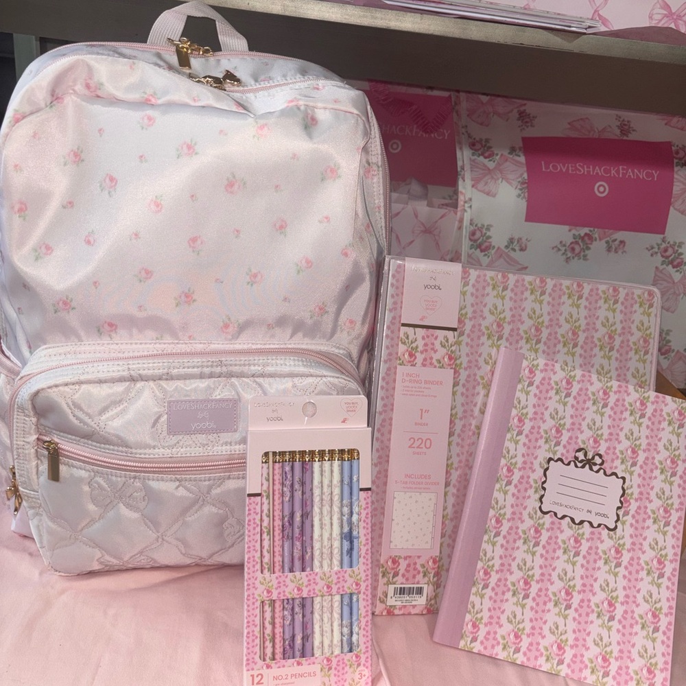 LoveShackFancy pink floral backpack , binder , composition notebook yoobi